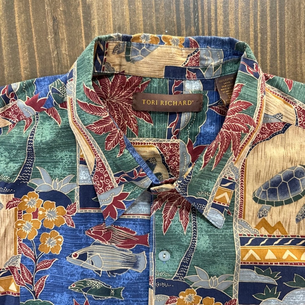 Tori Richard Mens 2XL Cotton‎ Lawn Hawaiian Shirt Sea Turtle Fish Tropical Blue - Picture 2 of 7